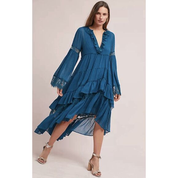 Maeve By Anthropologie Meadow Ruffle Dress - Size XS - Teal - Picture 1 of 10